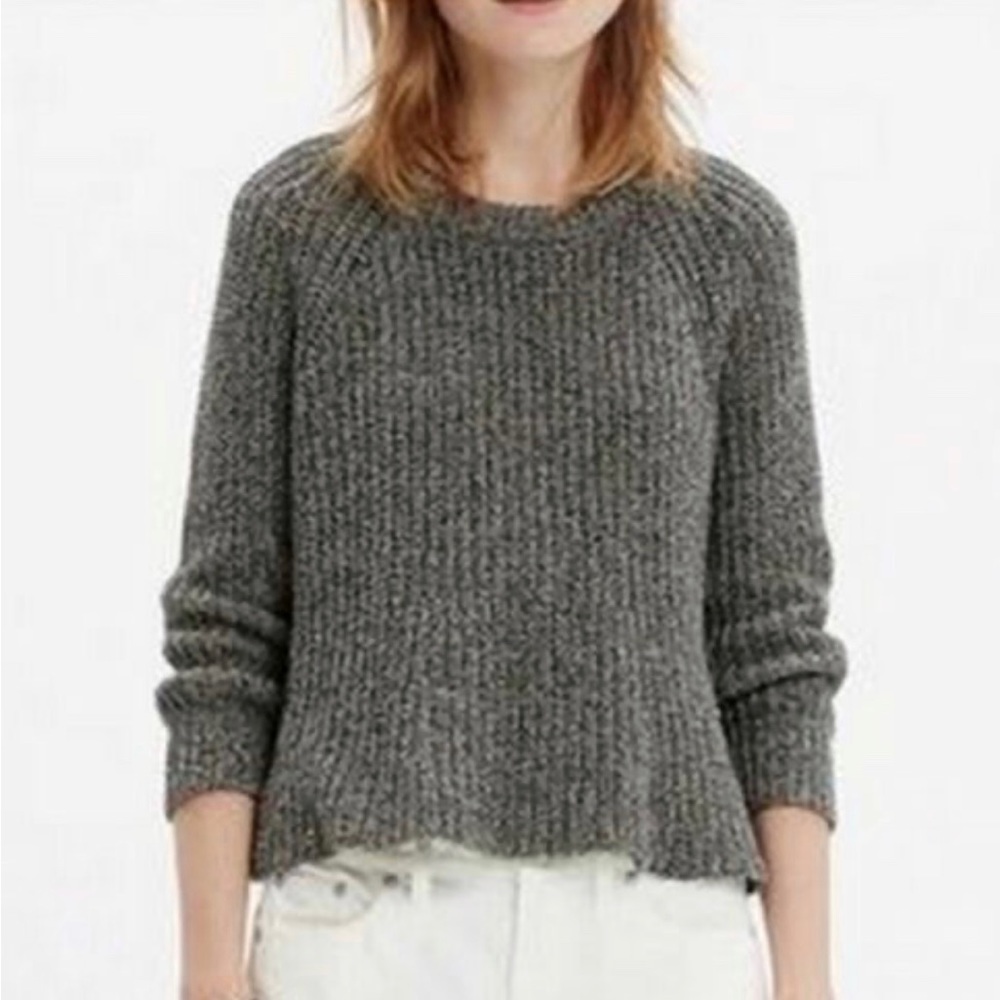 MADEWELL CROPPED SWING GRAY 3/4 RAGLAN SLEEVE CREWNECK CABLE KNIT SWEATE…